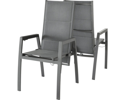 Hochlehner Destiny Costa verstellbar, Aluminium + Textilene, anthrazit Zwei graue Gartenstühle mit Armlehnen und Textilbespannung