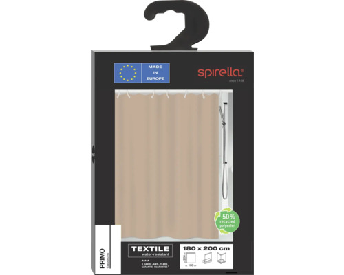 Spirella Primo Duschvorhang, wasserabweisendes Textil aus 50 Prozent recyceltem Polyester, circa 180 x 200 Zentimeter