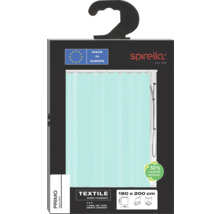 Verpackung eines türkisfarbenen Duschvorhangs der Marke Spirella, Größe 180 x 200 cm, hergestellt in Europa