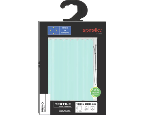 Verpackung eines türkisfarbenen Duschvorhangs der Marke Spirella, Größe 180 x 200 cm, hergestellt in Europa