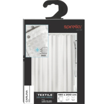 Verpackung einer weißen, wasserabweisenden Textil-Duschvorhangs von Spirella, Größe 180 x 200 cm.