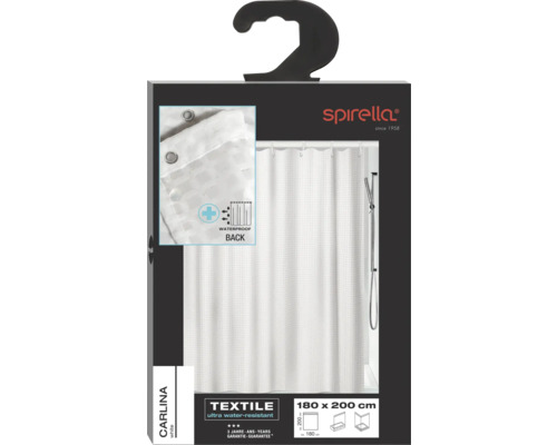Verpackung einer weißen, wasserabweisenden Textil-Duschvorhangs von Spirella, Größe 180 x 200 cm.