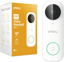 Weiße Imou Video-Türklingel DB61i mit 5 Megapixel Auflösung, kabelgebunden, WLAN, Speicherkartenslot, Imou Logo und Verpackung.