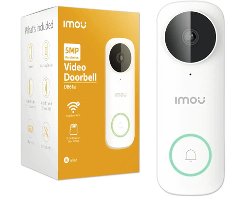 Weiße Imou Video-Türklingel DB61i mit 5 Megapixel Auflösung, kabelgebunden, WLAN, Speicherkartenslot, Imou Logo und Verpackung.