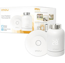 Imou Smart Heizkörperthermostat Set bestehend aus einem weißen Gateway und einem weißen Heizkörperthermostat mit digitaler Temperaturanzeige.