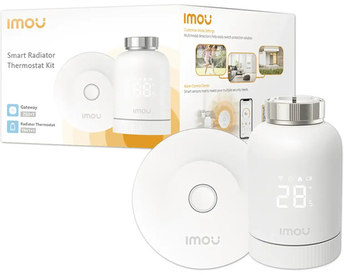 Imou Smart Heizkörperthermostat Set bestehend aus einem weißen Gateway und einem weißen Heizkörperthermostat mit digitaler Temperaturanzeige.