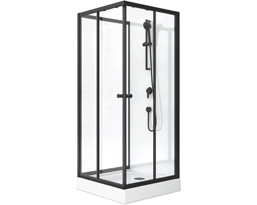Duschkabine mit schwarzem Rahmen, Handbrause und Armatur