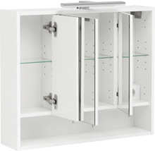 Weißer Spiegelschrank mit offenen Türen und Glasböden