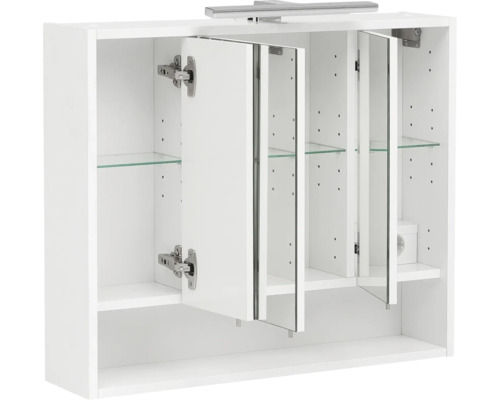 Weißer Spiegelschrank mit offenen Türen und Glasböden