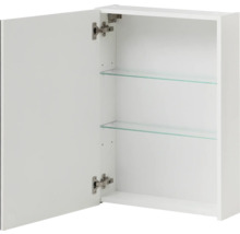 Weißer Spiegelschrank mit geöffneter Tür und zwei Glasablagen