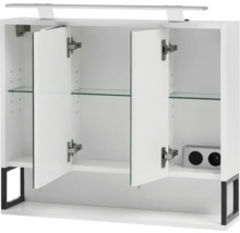 Offener weißer Spiegelschrank mit drei Türen, Glasböden und Steckdosen