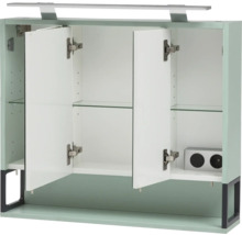 Offener Bad-Hängeschrank mit Regalböden aus Glas und integrierter Beleuchtung