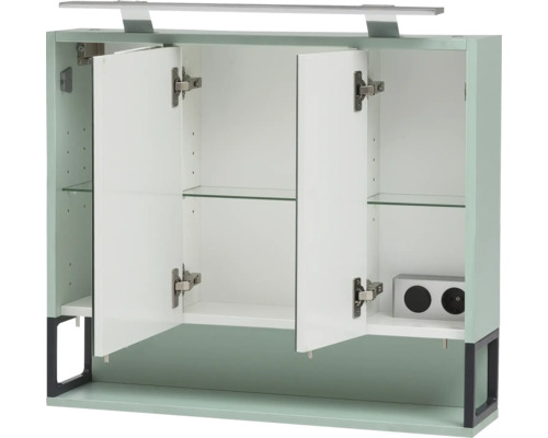 Offener Bad-Hängeschrank mit Regalböden aus Glas und integrierter Beleuchtung