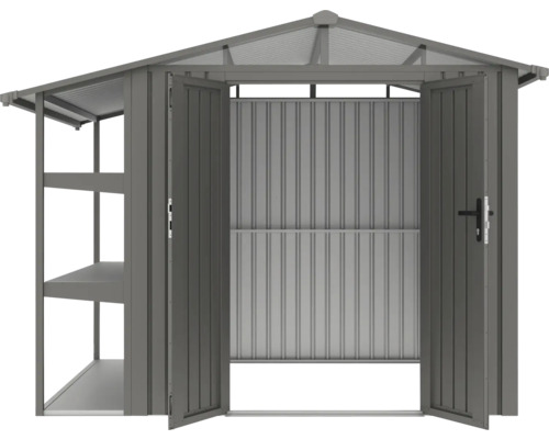 Offener Geräteschuppen aus Metall mit Regalen