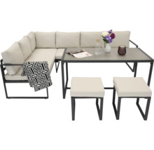Gartensitzgruppe mit Ecksofa, Tisch und zwei Hockern