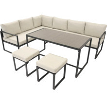 Gartensitzgruppe mit Ecksofa, Tisch und zwei Hockern