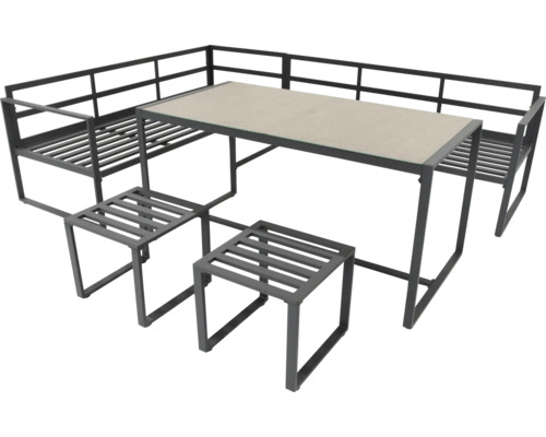 Gartensitzgruppe mit Tisch, Eckbank und zwei Hockern