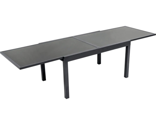 Ausziehbarer Gartentisch mit Glasplatte und Metallgestell