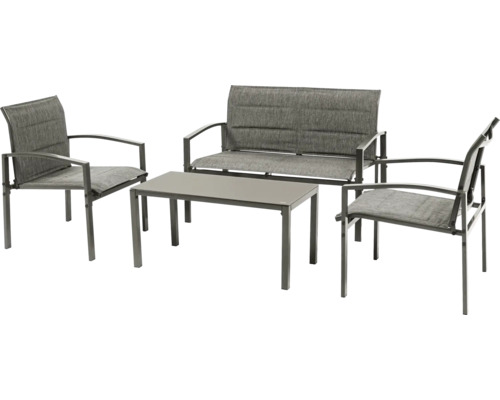 Gartenmöbelset mit zwei Stühlen, einer Bank und einem Tisch