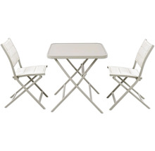 Gartentischgruppe mit zwei Klappstühlen und quadratischem Tisch