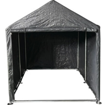 Grauer Unterstand mit Metalrahmen und wetterfestem Bezug.