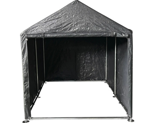 Grauer Unterstand mit Metalrahmen und wetterfestem Bezug.