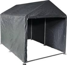 Grauer Unterstand mit Metalrahmen und Plane