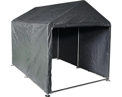 Grauer Unterstand mit Metalrahmen und Plane