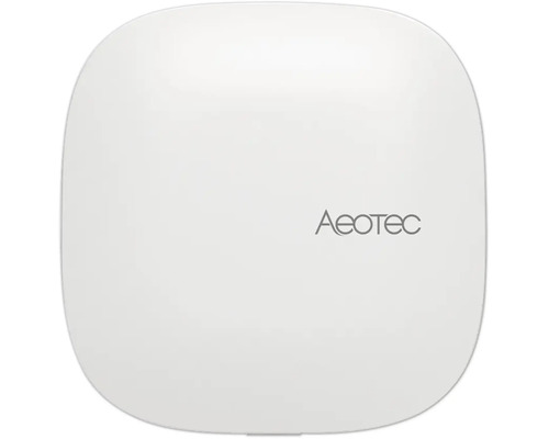 Quadratische Aeotec Smart Home Hub Zentrale aus Kunststoff mit abgerundeten Ecken und Aeotec Logo.