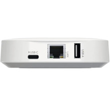 Weiße Smart Home Zentrale mit rückseitigen Anschlüssen für USB C, LAN und USB A.