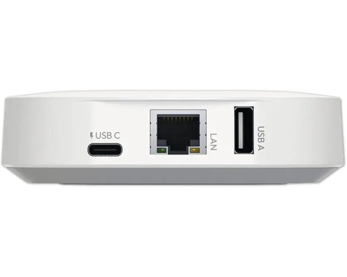 Weiße Smart Home Zentrale mit rückseitigen Anschlüssen für USB C, LAN und USB A.