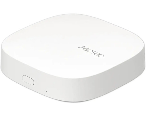 Aeotec Smart Home Hub, weiße quadratische Form mit abgerundeten Ecken, Aeotec Logo auf der Oberseite.
