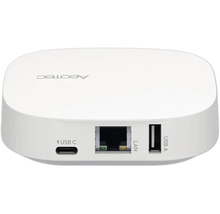 Weiße Aeotec Smart Home Zentrale mit Anschlüssen für USB C, LAN und USB A sowie Aeotec Logo.