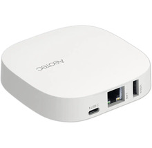 Aeotec Smart Home Hub in Weiß mit Anschlüssen für USB-C, LAN und USB-A.