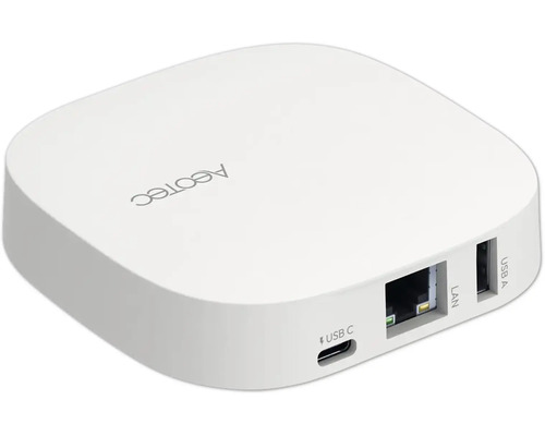 Aeotec Smart Home Hub in Weiß mit Anschlüssen für USB-C, LAN und USB-A.