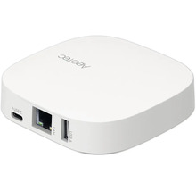 Weiße Aeotec Smart Home Zentrale mit Aeotec Logo und Anschlüssen für LAN, USB-A und USB-C.