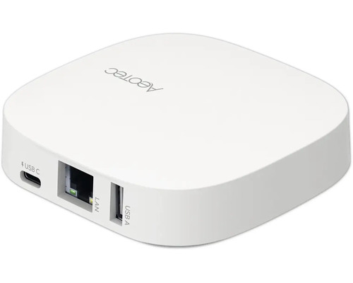 Weiße Aeotec Smart Home Zentrale mit Aeotec Logo und Anschlüssen für LAN, USB-A und USB-C.