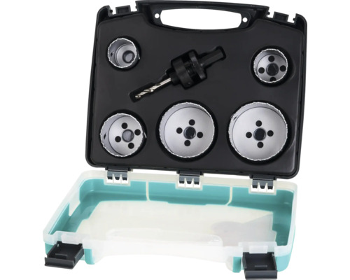 Lochsägenkoffer Set Wolfcraft ø 35, 40, 51, 65, 68 mm + Spanndorn mit Zentrierbohrer