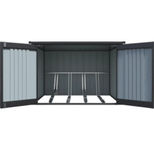 Fahrradbox aus Metall mit geöffneten Türen und Fahrradständer