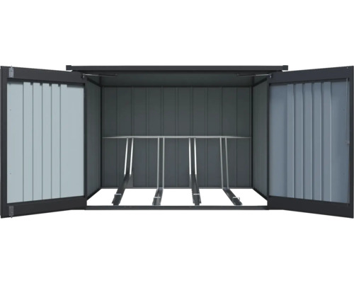 Fahrradbox aus Metall mit geöffneten Türen und Fahrradständer