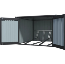 Geöffnete Fahrradgarage aus Metall mit Fahrradständer