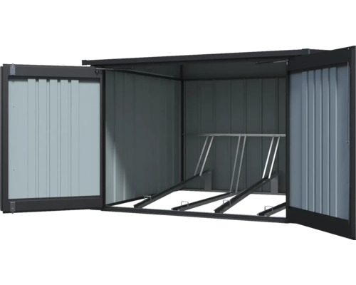 Geöffnete Fahrradgarage aus Metall mit Fahrradständer