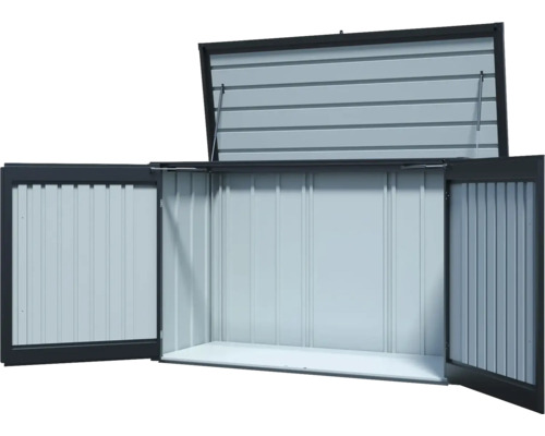 Geöffnete Gerätebox aus Metall für den Aussenbereich