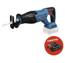 Akkubetriebene Säbelsäge mit einem Sägeblatt für dünnes Metall und einem zusätzlichen Akku