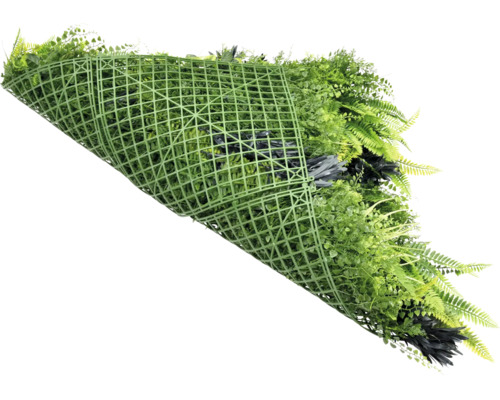 Kunstpflanzenwand mit verschiedenen Grünsorten und Gitterstruktur