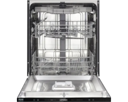 Geöffneter Geschirrspüler mit Innenraum aus Edelstahl und Geschirrkörben