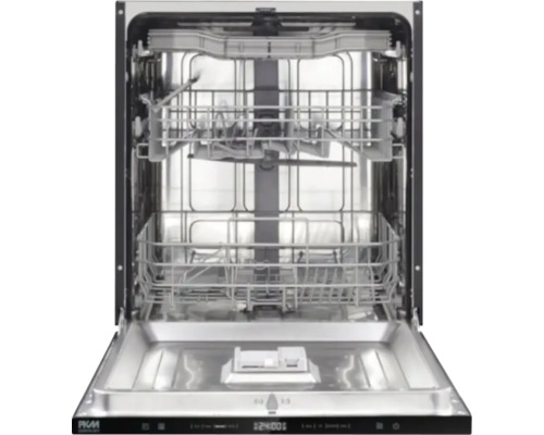 Innenansicht eines Geschirrspülers mit offenen Klappen und Geschirrkörben