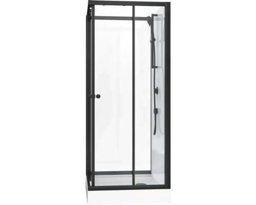 Eckdusche mit schwarzem Rahmen und Handbrause