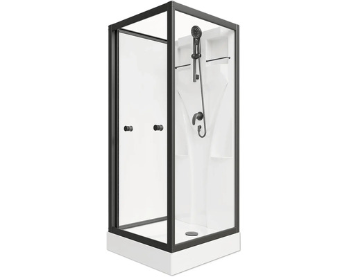 Duschkabine mit schwarzem Rahmen, Glastür und Dusche