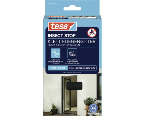 Tesa Insect Stop Klett Fliegengitter für Türen, inklusive Klettband, maximal 2x 65 x 220 cm